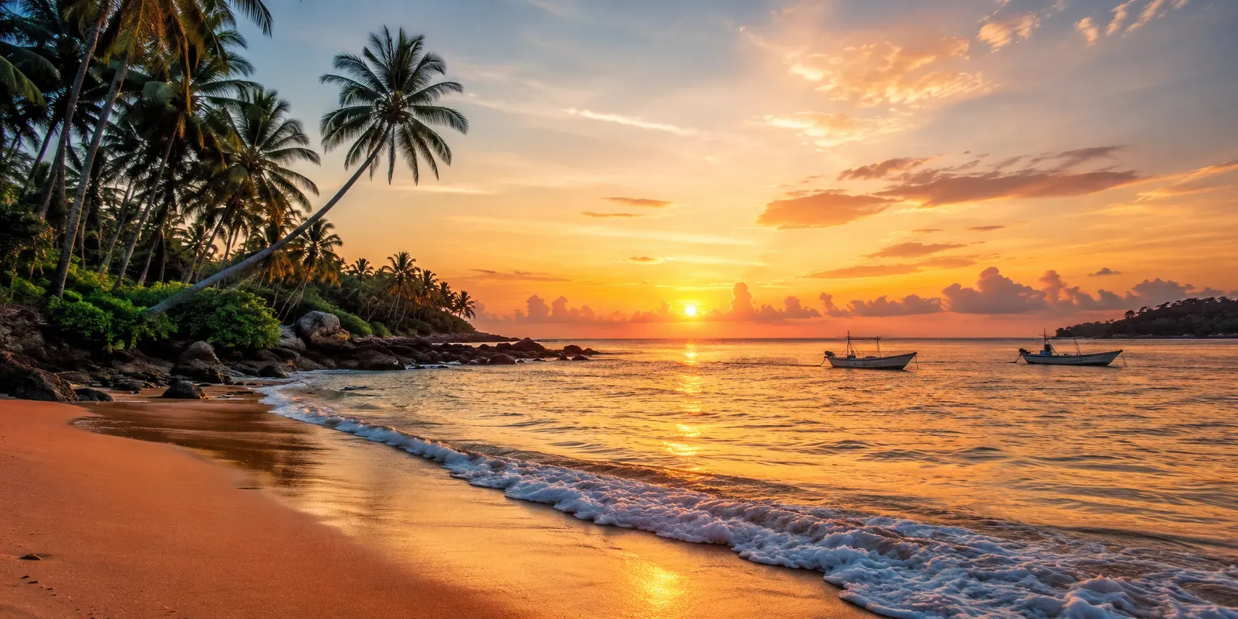 Palm-fringed Mirissa bay at sunset with gentle surf.