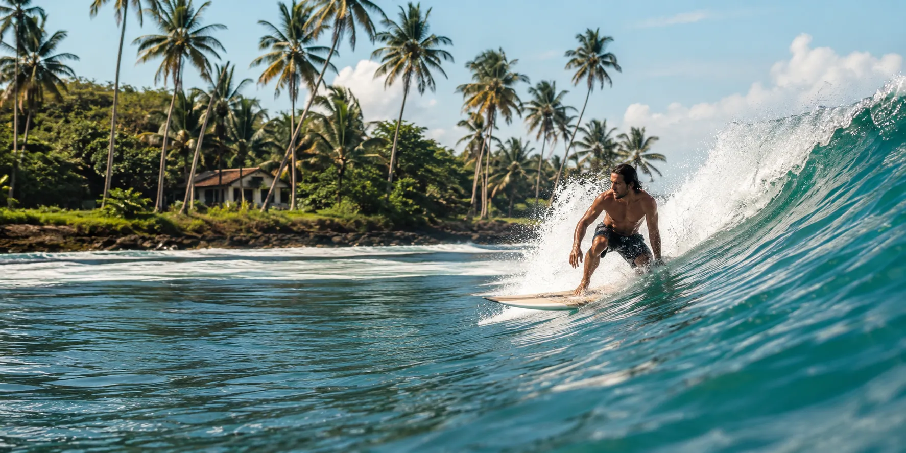 A surfer carving a clean reef-point wave near Ahangama.