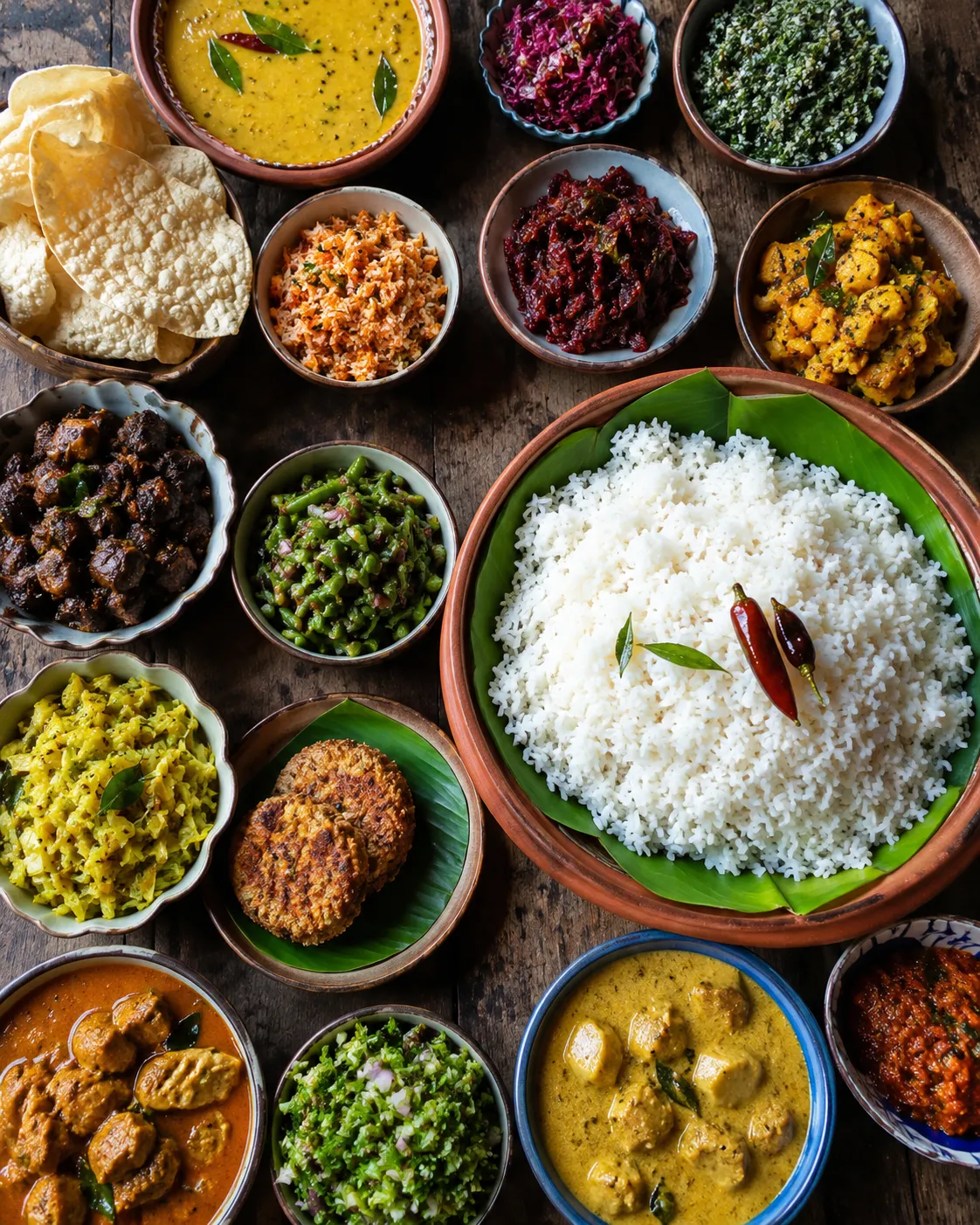 A Sri Lankan rice and curry spread of many small dishes, from above.