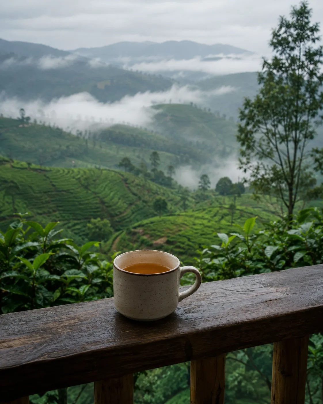 A cup of Ceylon tea overlooking misty tea hills.
