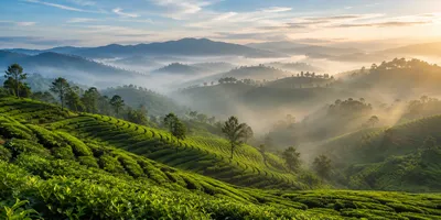 Emerald tea terraces rolling into misty hills at dawn in Sri Lanka's central highlands.