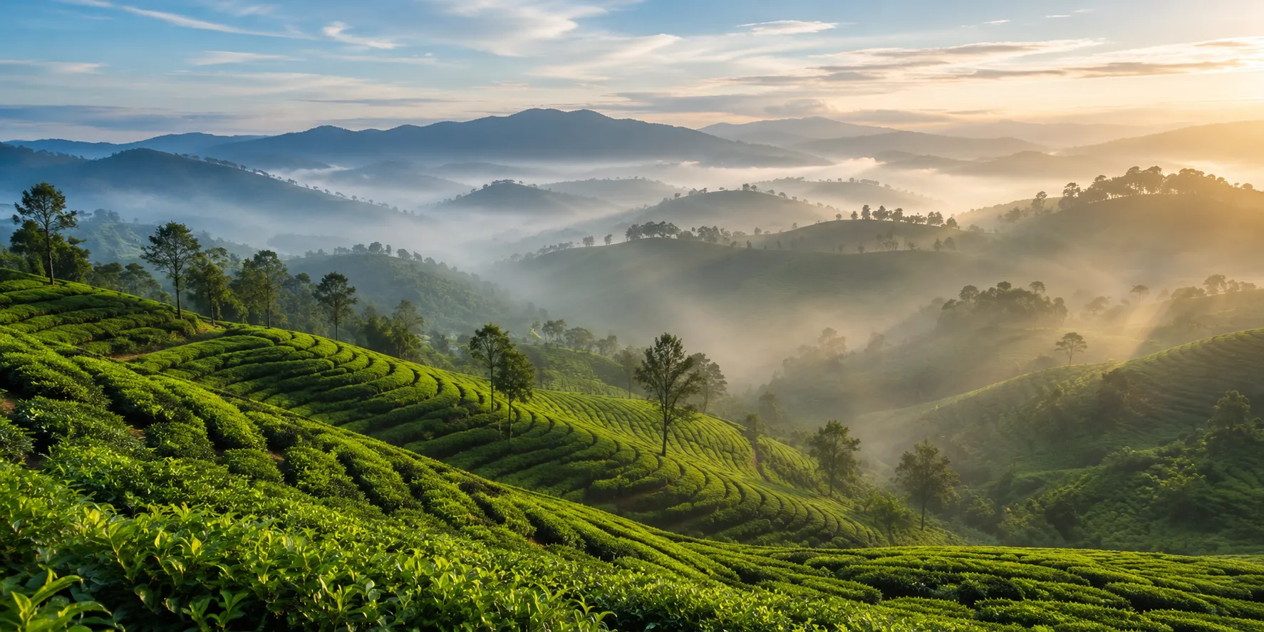 Emerald tea terraces rolling into misty hills at dawn in Sri Lanka's central highlands.