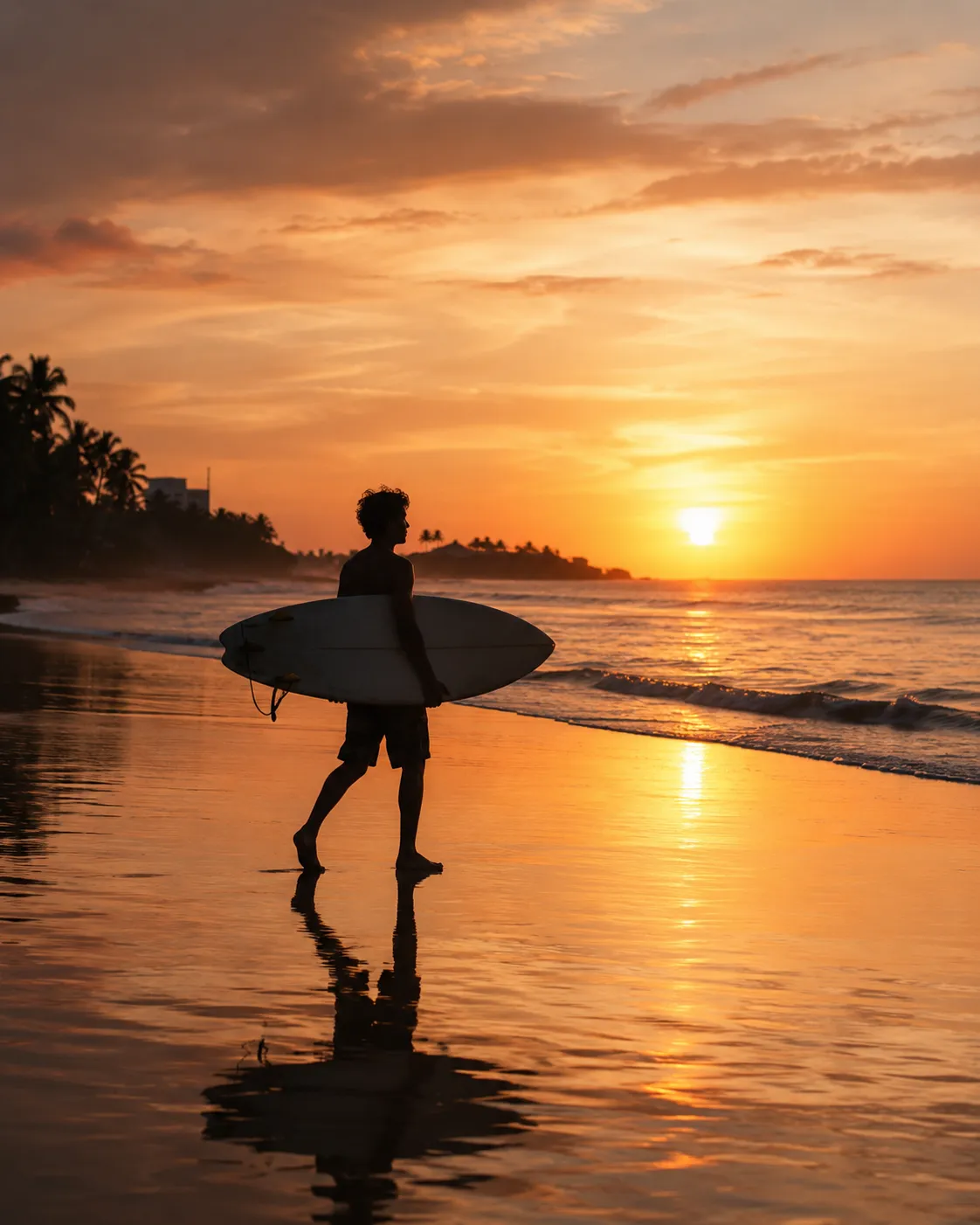 A surfer silhouetted on the beach at sunset.