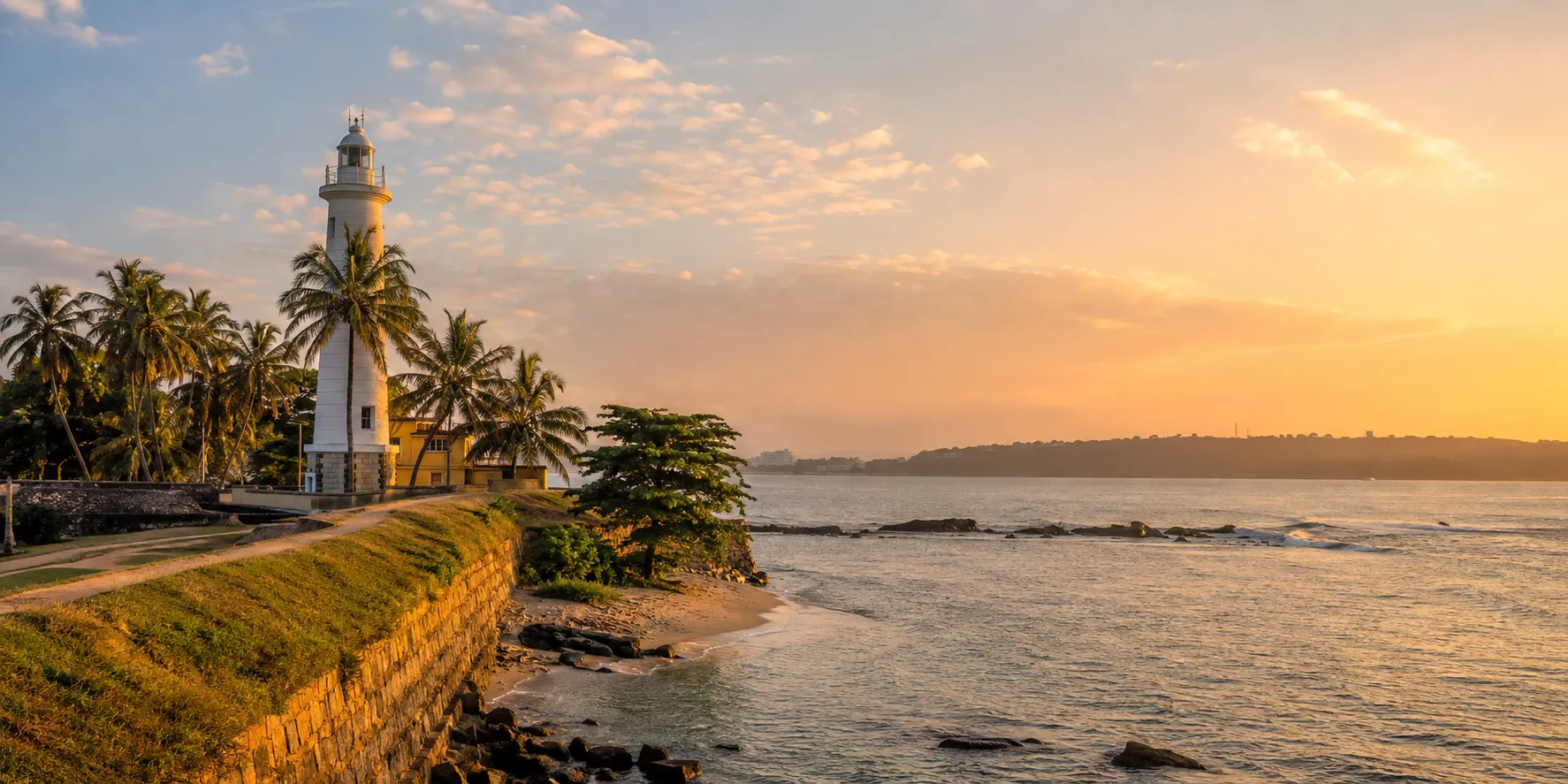 Galle Fort lighthouse and ramparts at golden hour with the ocean beyond.