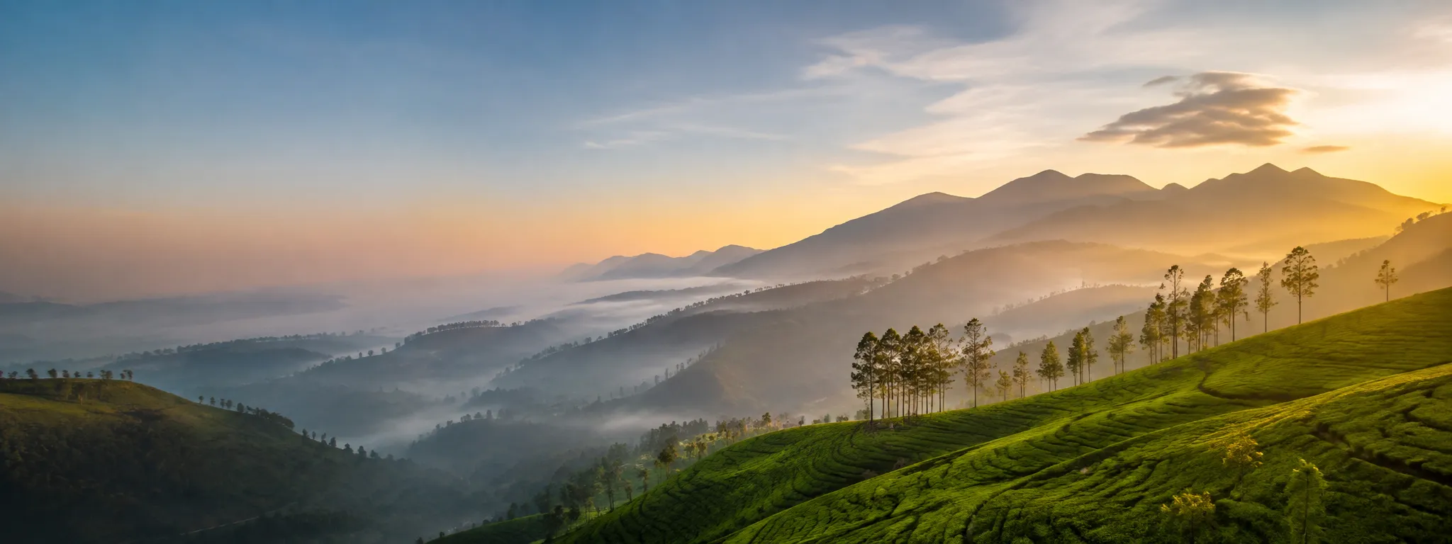Misty tea-covered hills in Sri Lanka's central highlands at dawn.