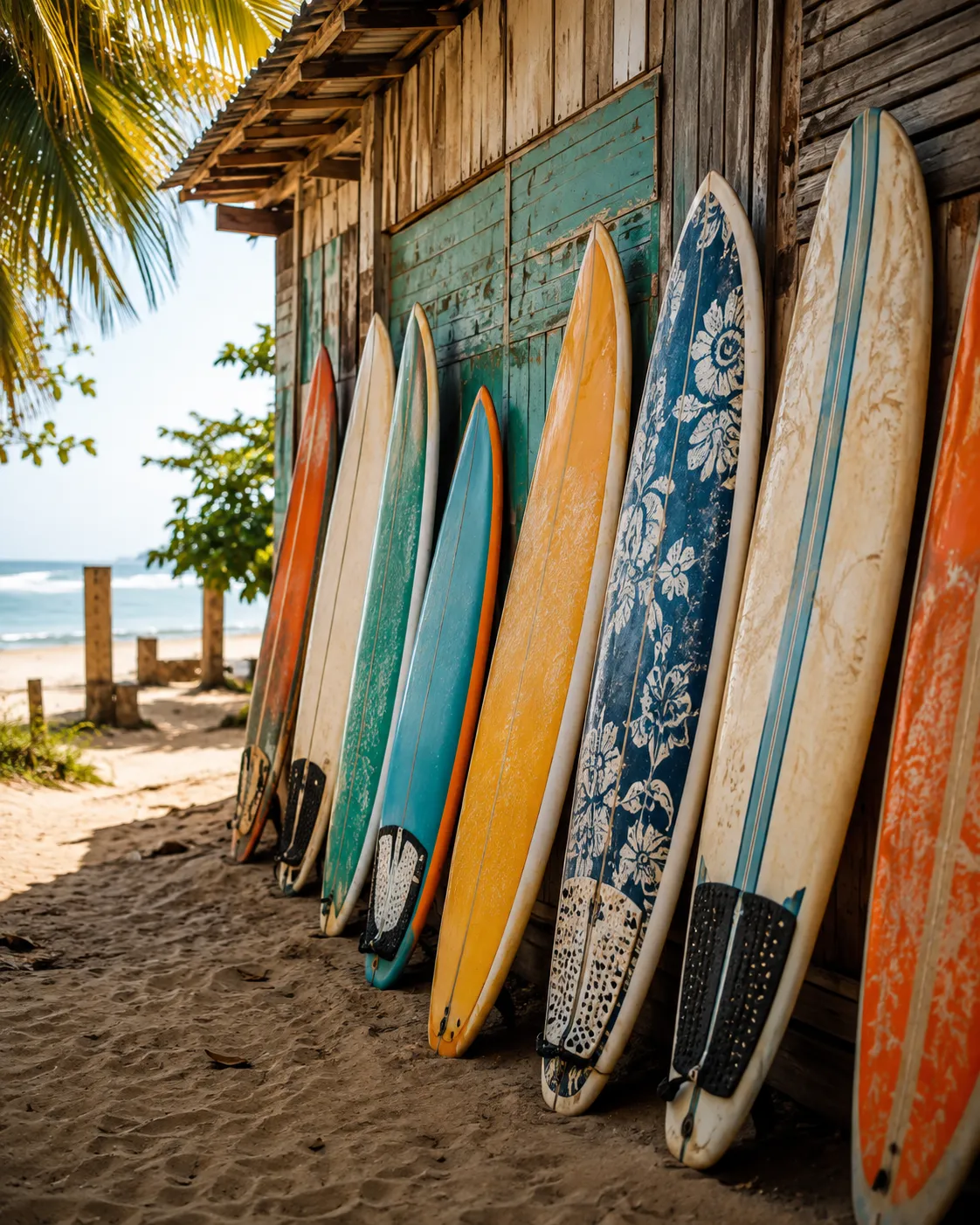 A rack of colourful surfboards on the beach.