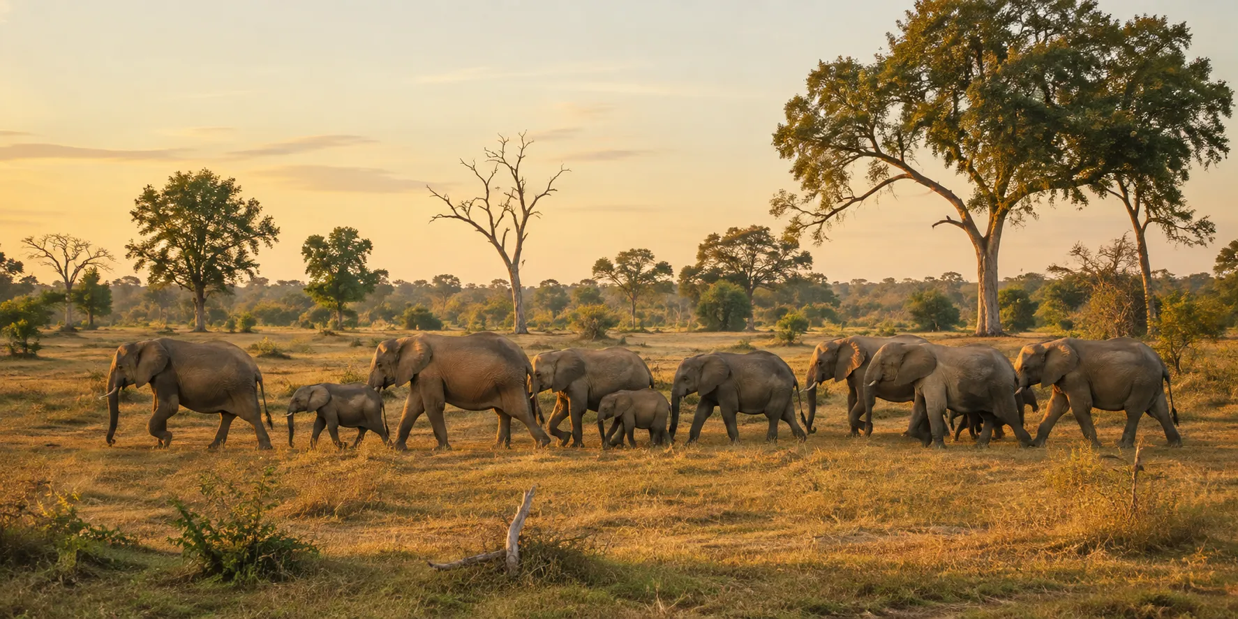 A herd of wild elephants on the open plains of Udawalawe at golden hour.