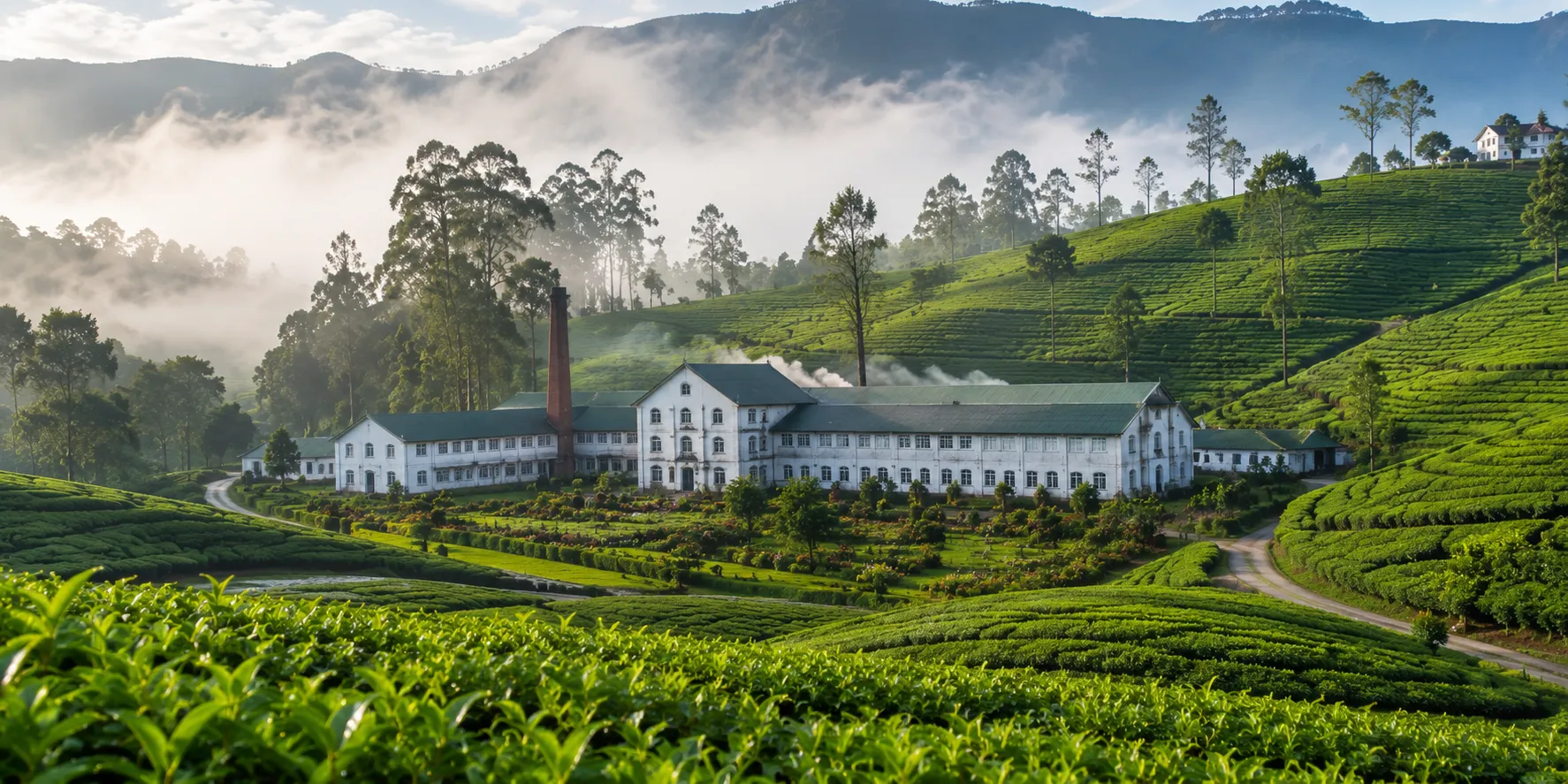 A colonial tea estate near Nuwara Eliya with a white factory among green tea slopes.