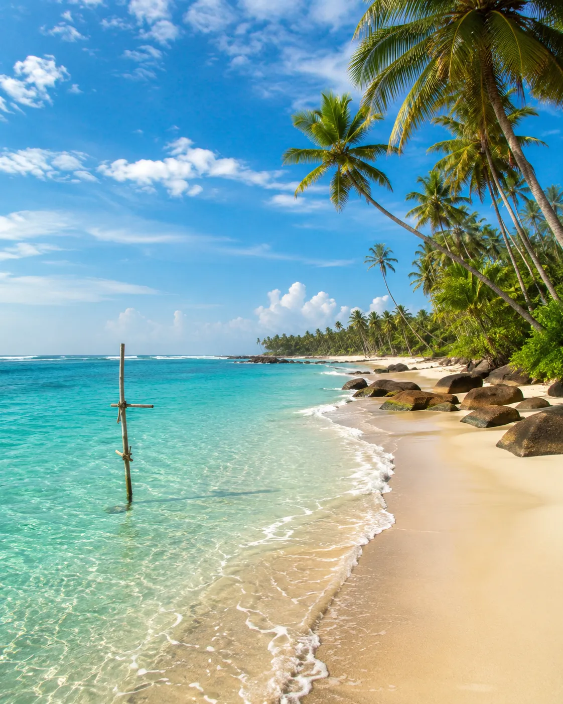 A palm-lined south-coast beach with turquoise water.